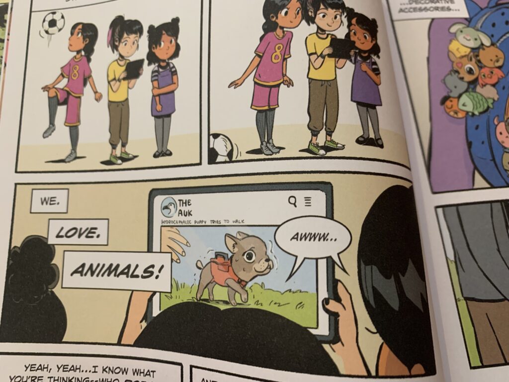 Interior image from PAWS: Gabby Gets It Together showing the main characters talking about how much they love animals.